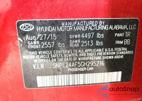 2016 Hyundai Sonata Se z USA, uszkodzony, nr VIN 5NPE24AF5GH295216